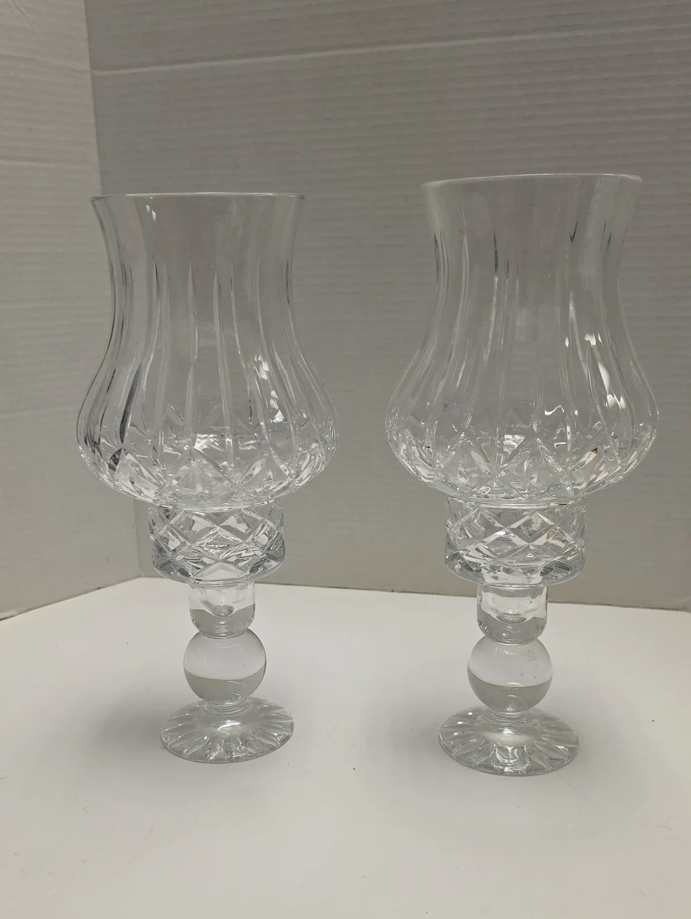 Pair of OLYMPIC  Clear Cut Crystal Hurricane Lamps & Globes
